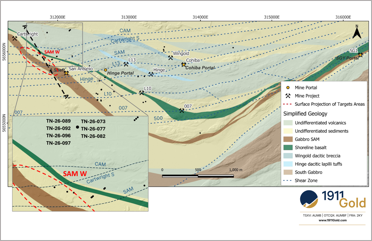 Figure 1: Plan View – True North Geology-SAM W Target with Surface Drill Hole Locations